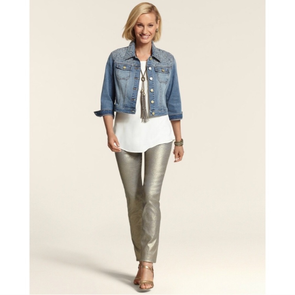Chico’s Platinum Glitter Denim Slim Leg Jean 1M